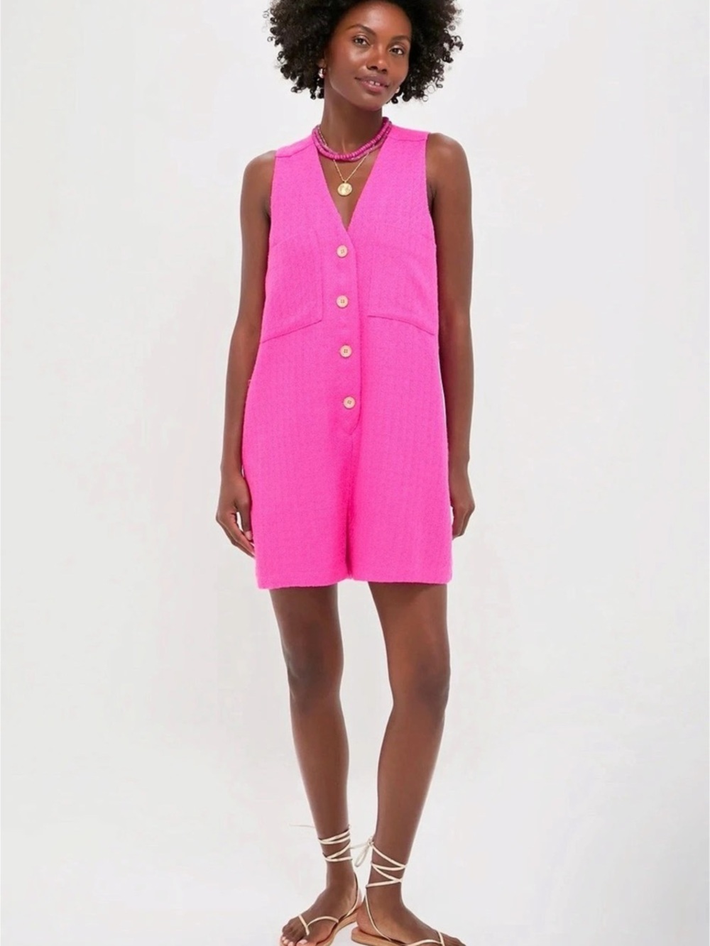 Tuckernuck Hot Pink Textured Myla Romper L NWT Gold Buttons